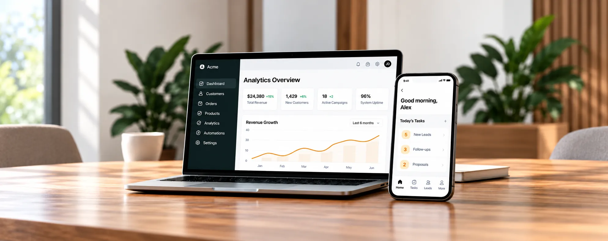 Business analytics dashboard on a laptop and a mobile app on a phone